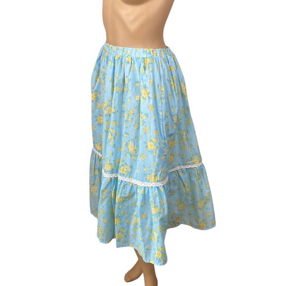 Pastel Blue Yellow Ditsy Floral Cottagecore Full Midi Skirt SZ S - Picture 4 of 7